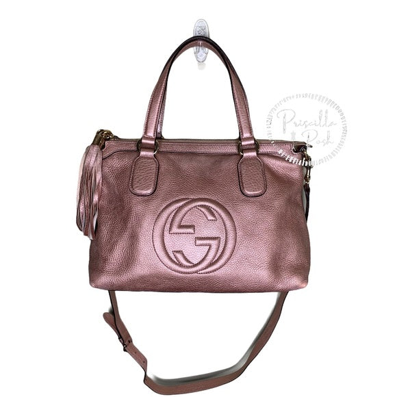 Gucci Metallic Calfskin Medium Soho Tote Bag Pink