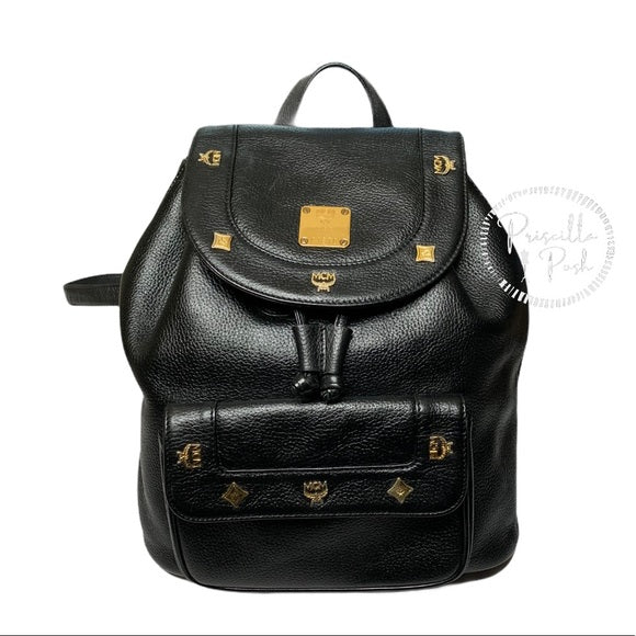 MCM Large Vintage Black Leather Studded Backpack
