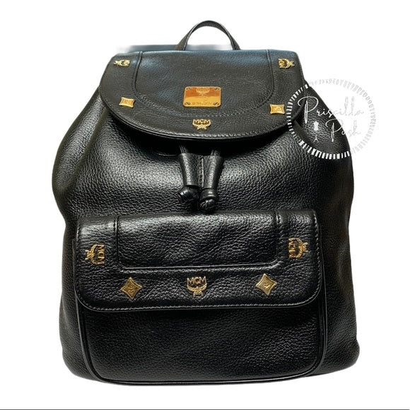 MCM Large Vintage Black Leather Studded Backpack