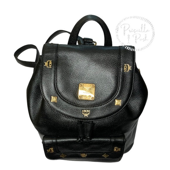 MCM Large Vintage Black Leather Studded Backpack