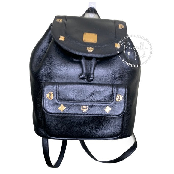 MCM Large Vintage Black Leather Studded Backpack