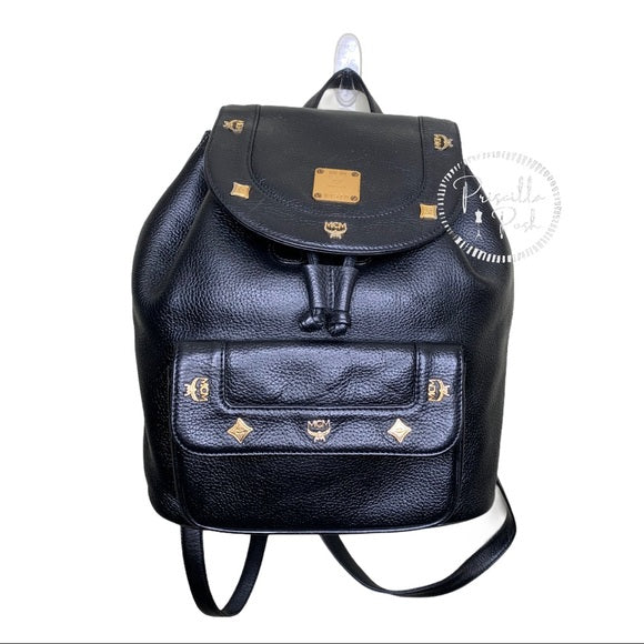 MCM Large Vintage Black Leather Studded Backpack