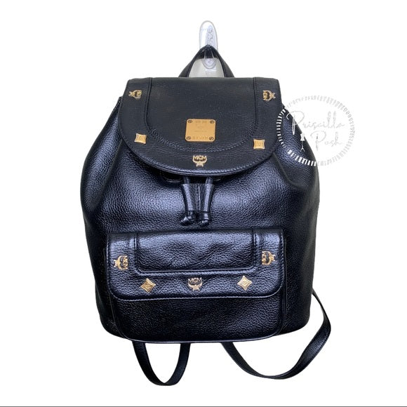 MCM Large Vintage Black Leather Studded Backpack