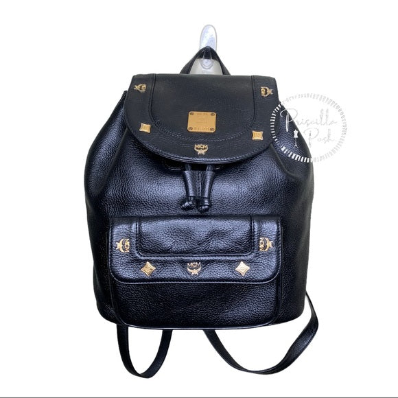 MCM Large Vintage Black Leather Studded Backpack