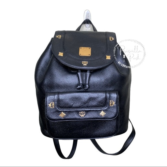 MCM Large Vintage Black Leather Studded Backpack