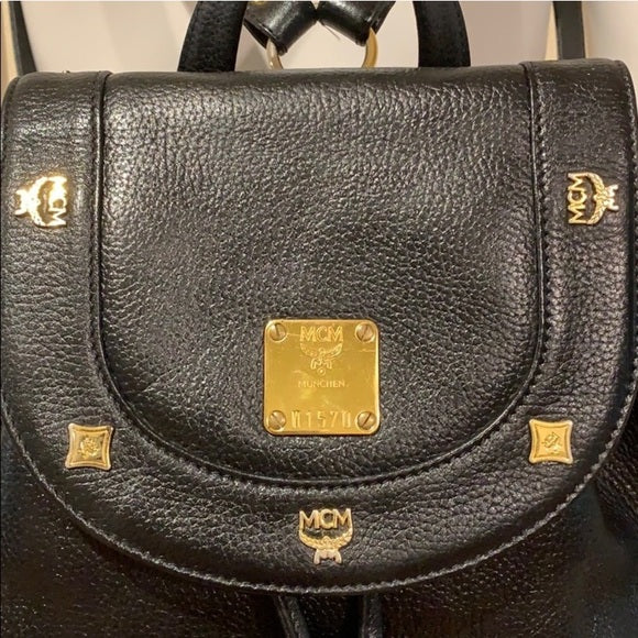 MCM Large Vintage Black Leather Studded Backpack