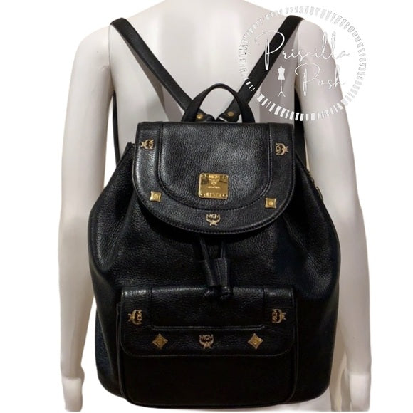 MCM Large Vintage Black Leather Studded Backpack