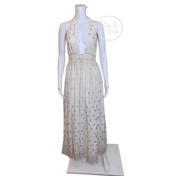 NWT LOVESHACKFANCY Isabel Dress halter maxi gold