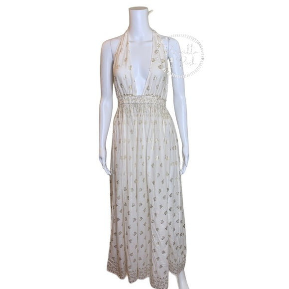 NWT LOVESHACKFANCY Isabel Dress halter maxi gold