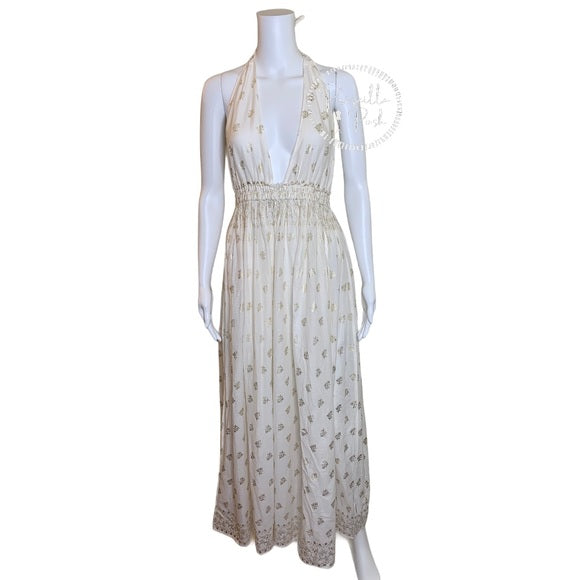 NWT LOVESHACKFANCY Isabel Dress halter maxi gold