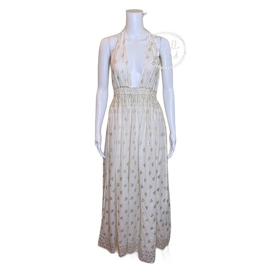 NWT LOVESHACKFANCY Isabel Dress halter maxi gold