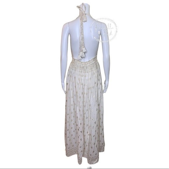 NWT LOVESHACKFANCY Isabel Dress halter maxi gold