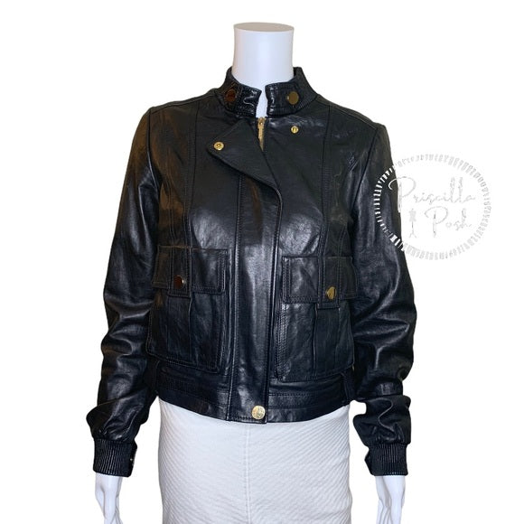 TORY BURCH Leather Richard Bomber Jacket Black