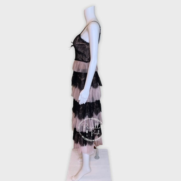 Marchesa Notte Blush Tiered Tulle Dress Lace Black