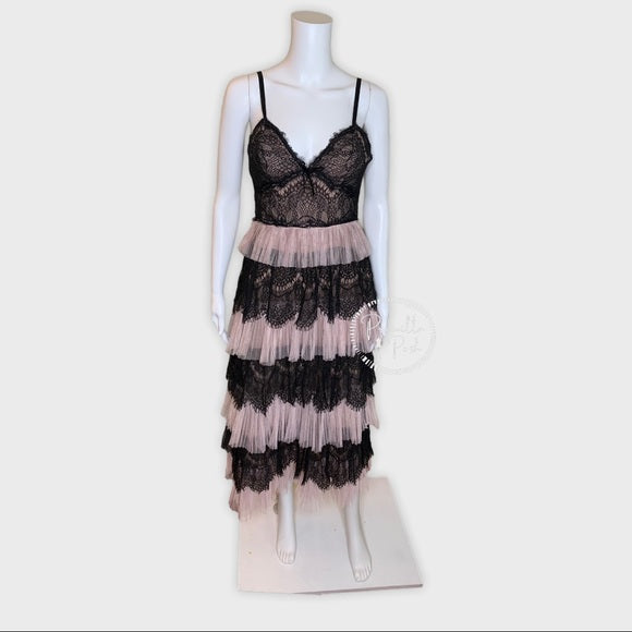 Marchesa Notte Blush Tiered Tulle Dress Lace Black