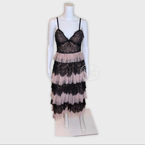 Marchesa Notte Blush Tiered Tulle Dress Lace Black