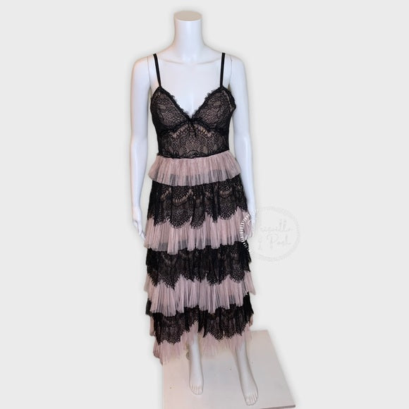 Marchesa Notte Blush Tiered Tulle Dress Lace Black