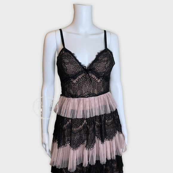 Marchesa Notte Blush Tiered Tulle Dress Lace Black