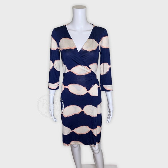 DVF 100% Silk Jersey Shibori Blue White Wrap Dress