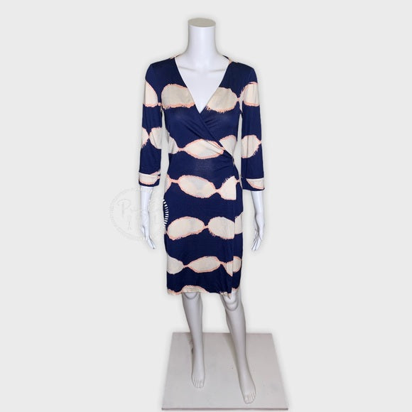 DVF 100% Silk Jersey Shibori Blue White Wrap Dress