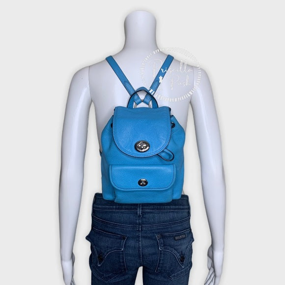 coach blue leather backpack Coach Mini Turnlock Rucksack Pebbled Leather Back – Priscilla Posh