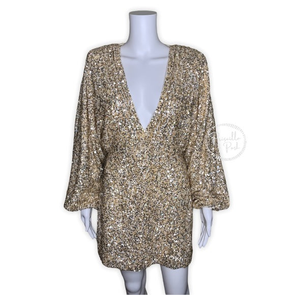 NWT RETROFÊTE Aubrielle sequined gold mini dress