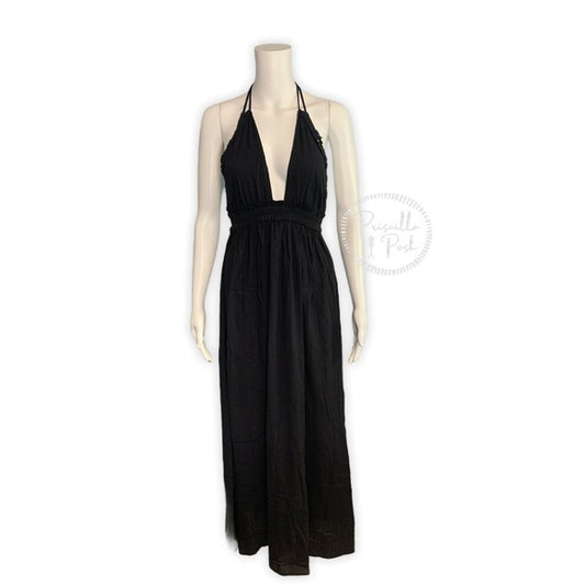 Loveshackfancy Gold Studded Black Halter Maxi Dress