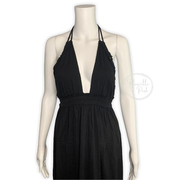 Loveshackfancy Gold Studded Black Halter Maxi Dress