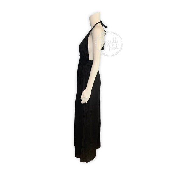 Loveshackfancy Gold Studded Black Halter Maxi Dress