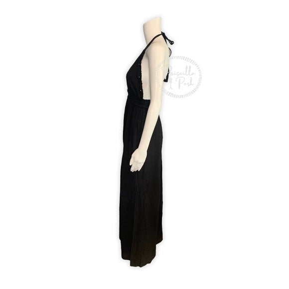 Loveshackfancy Gold Studded Black Halter Maxi Dress