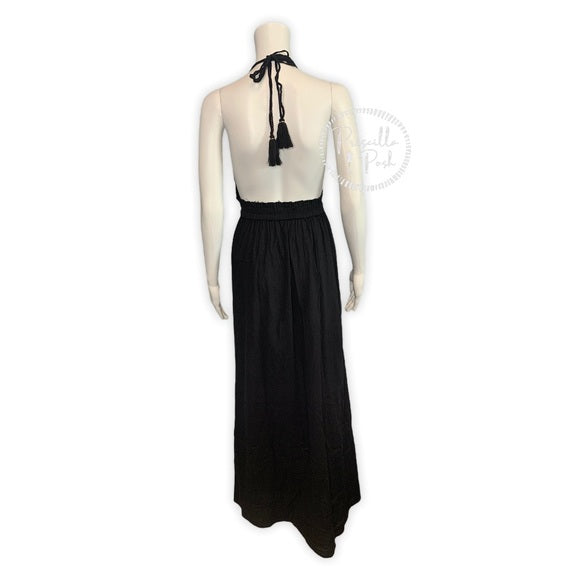Loveshackfancy Gold Studded Black Halter Maxi Dress