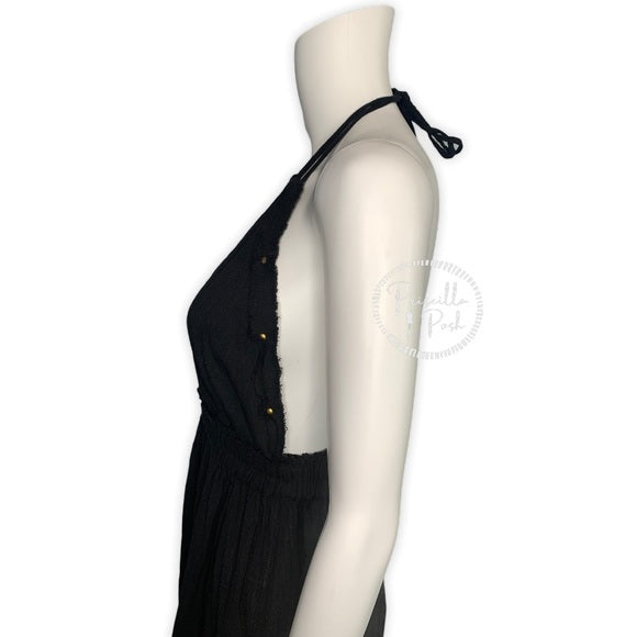 Loveshackfancy Gold Studded Black Halter Maxi Dress