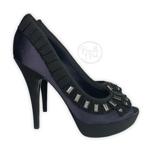 Tory Burch Erinn Navy Studded Gem Satin Peep Toe