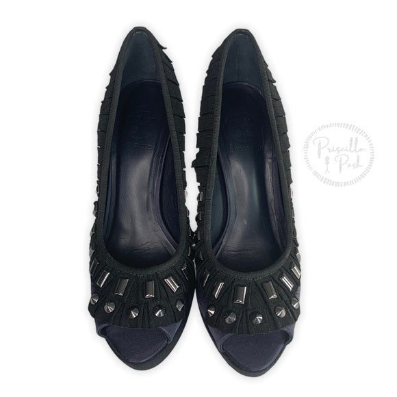 Tory Burch Erinn Navy Studded Gem Satin Peep Toe