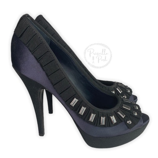 Tory Burch Erinn Navy Studded Gem Satin Peep Toe