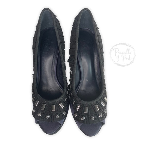 Tory Burch Erinn Navy Studded Gem Satin Peep Toe