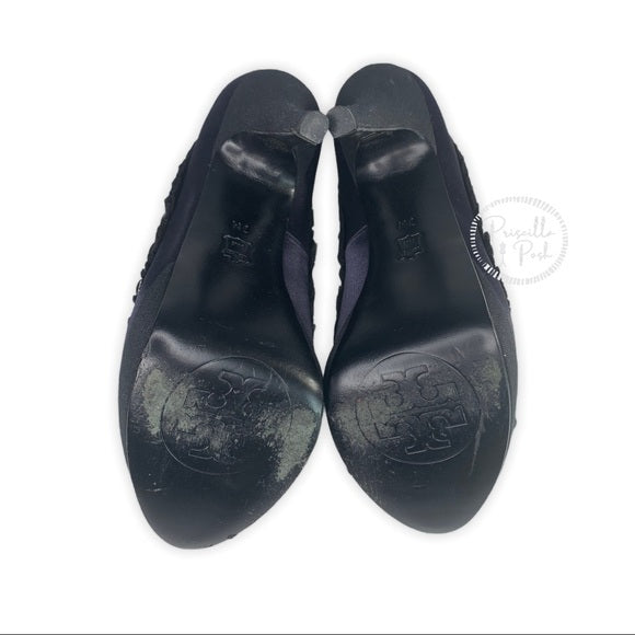 Tory Burch Erinn Navy Studded Gem Satin Peep Toe