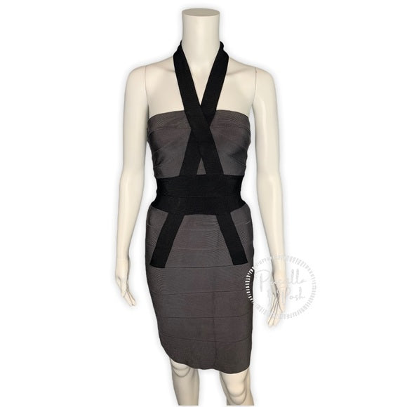Herve Leger Black Grey Bow-Accented Bandage Dress