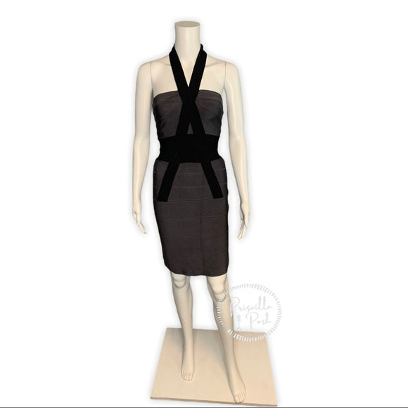 Herve Leger Black Grey Bow-Accented Bandage Dress