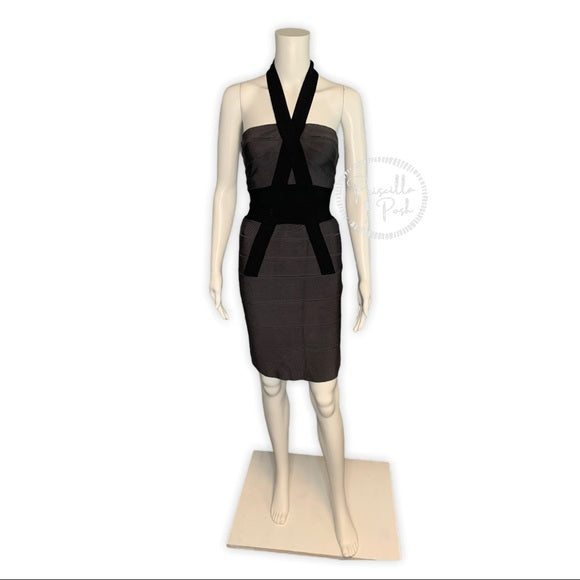 Herve Leger Black Grey Bow-Accented Bandage Dress