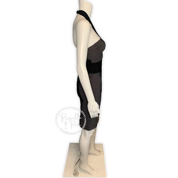 Herve Leger Black Grey Bow-Accented Bandage Dress
