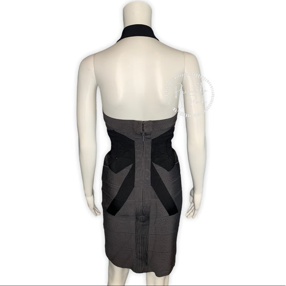 Herve Leger Black Grey Bow-Accented Bandage Dress
