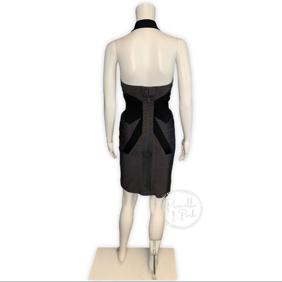 Herve Leger Black Grey Bow-Accented Bandage Dress