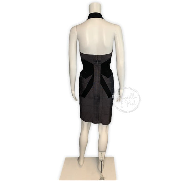 Herve Leger Black Grey Bow-Accented Bandage Dress