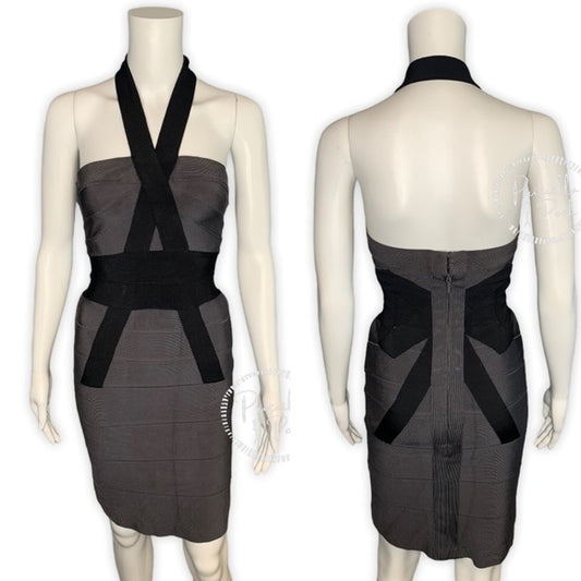 Herve Leger Black Grey Bow-Accented Bandage Dress