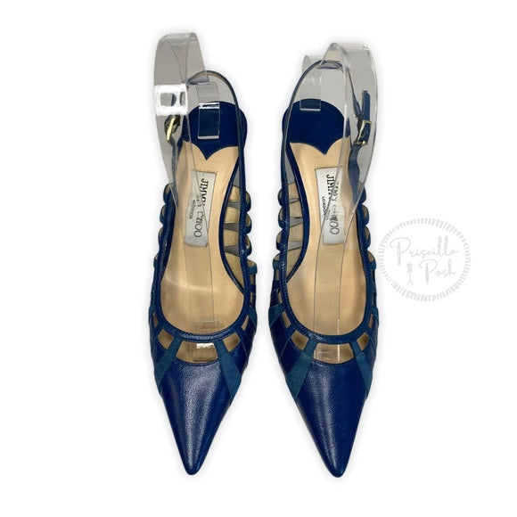 Jimmy Choo Blue Leather Slingback Kitten Heel