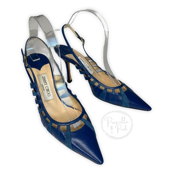 Jimmy Choo Blue Leather Slingback Kitten Heel