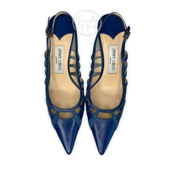 Jimmy Choo Blue Leather Slingback Kitten Heel