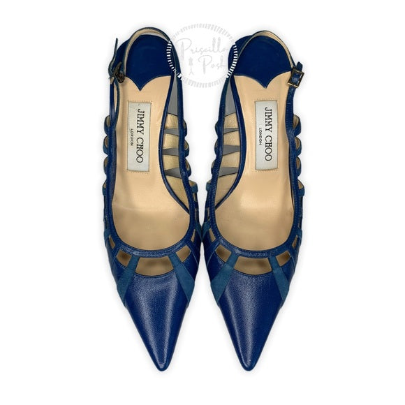 Jimmy Choo Blue Leather Slingback Kitten Heel