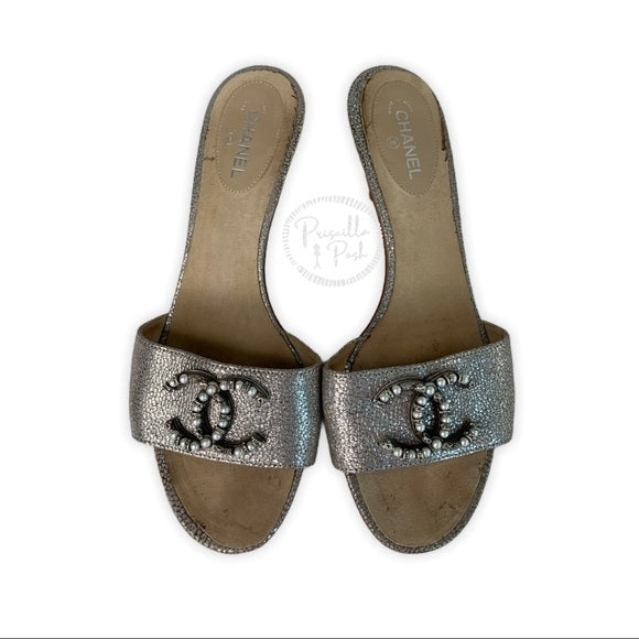 Chanel Silver Leather Pearl Shoes Slides Sandals